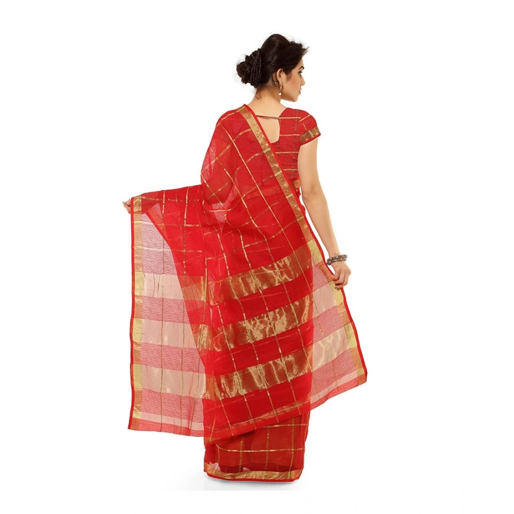 Women's Kota Doria Cotton Saree With Blouse (Red,6-3 Mtrs)