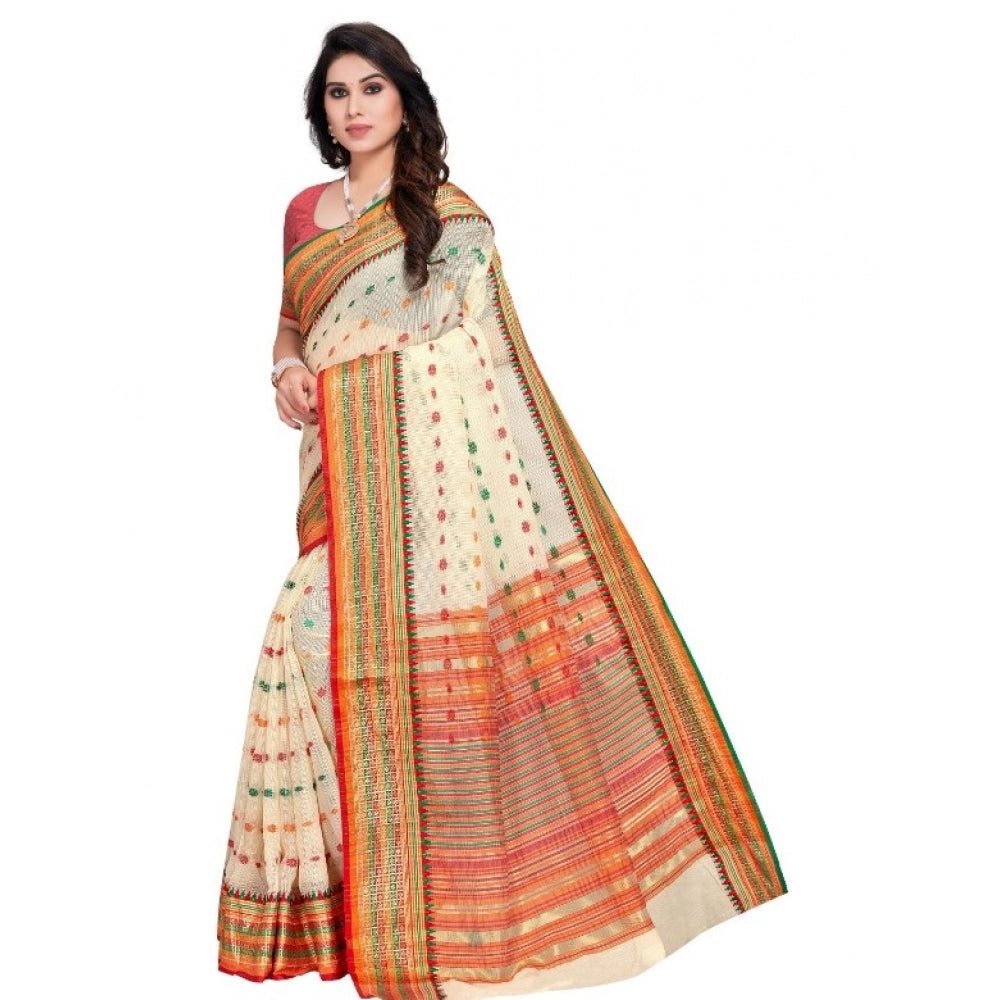 Women's Kota Doria Cotton Woven Butta Saree With Blouse (Cream, 5-6 Mtrs)
