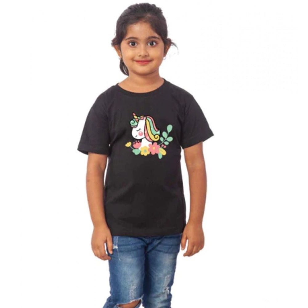 Girls Cotton Unicorn Face Half Sleeve TShirt (Black)