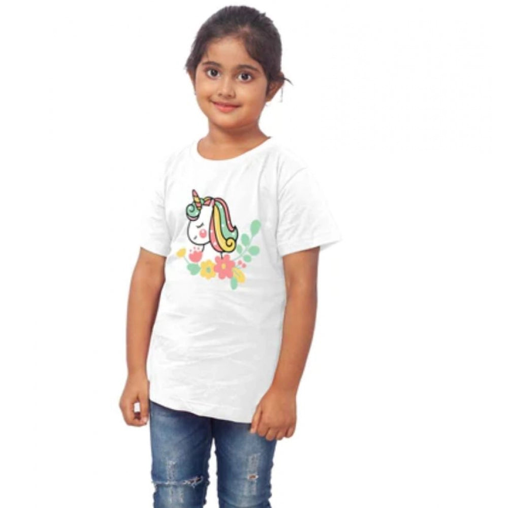 Girls Cotton Unicorn Face Half Sleeve TShirt (White)