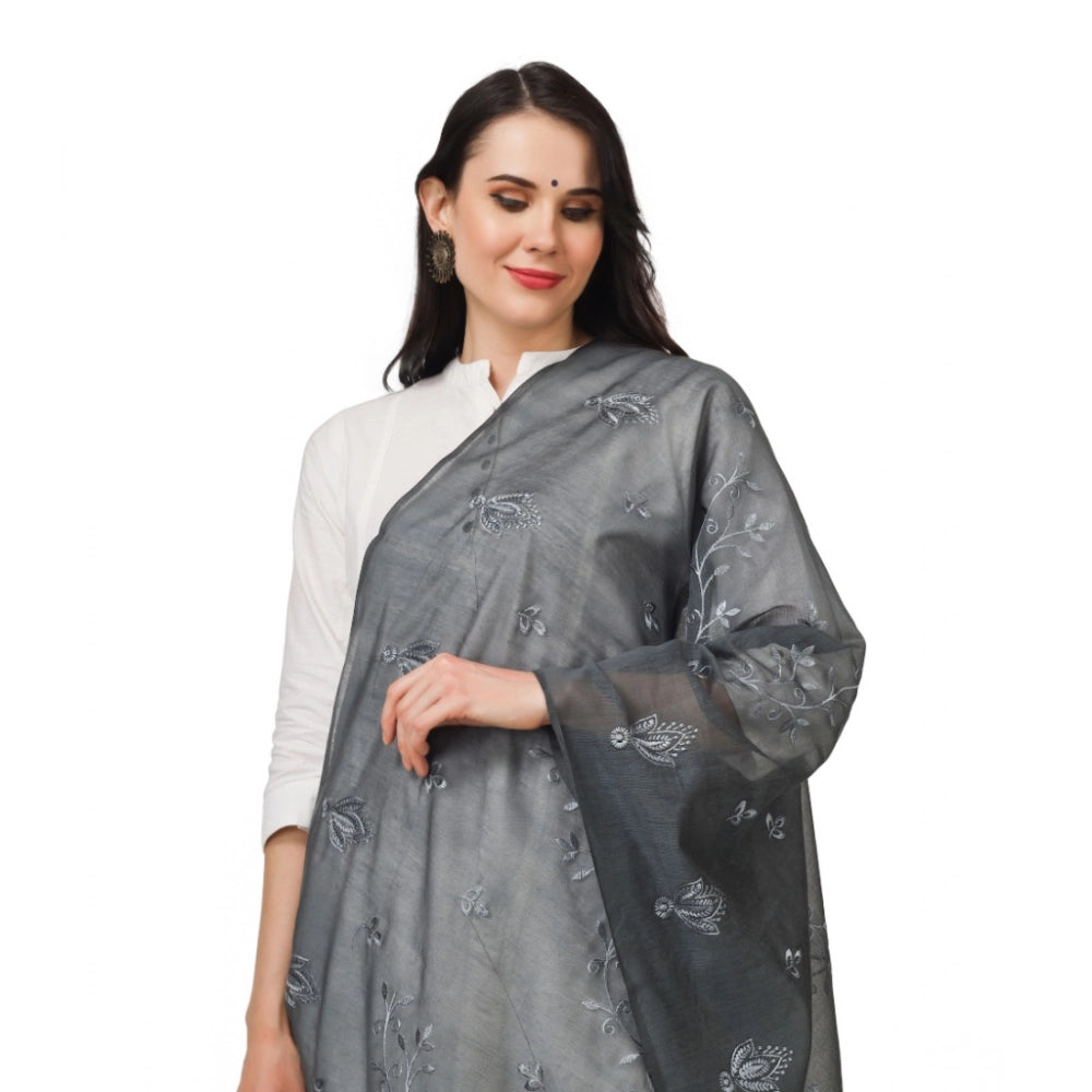 Women's Cotton Embroidered Dupatta (Grey, Length: 2.25 to 2.50 Mtr)