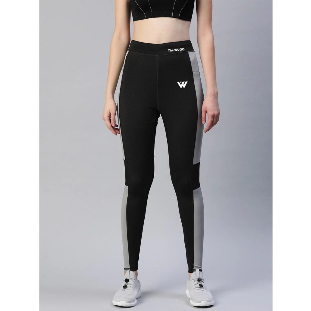 Women's Polyster Solid Sport Leggings (Black & Grey)