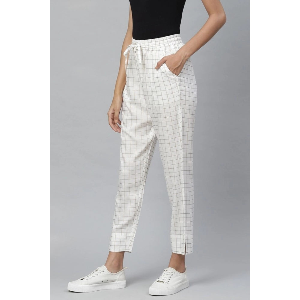 Women's Casual Checked Rayon Trouser Pant (White)