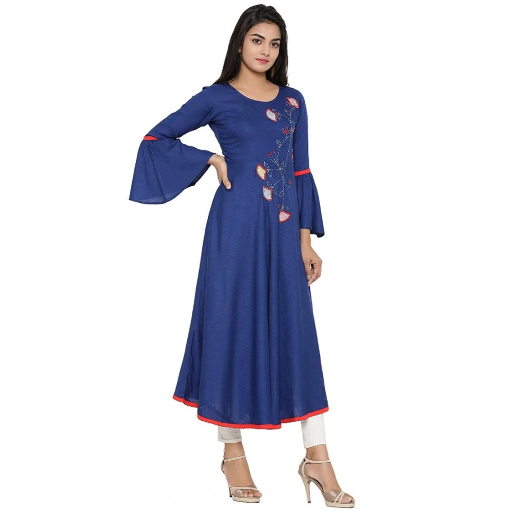 Women's Casual Bell Sleeves Embroidery Rayon Kurti (Blue)