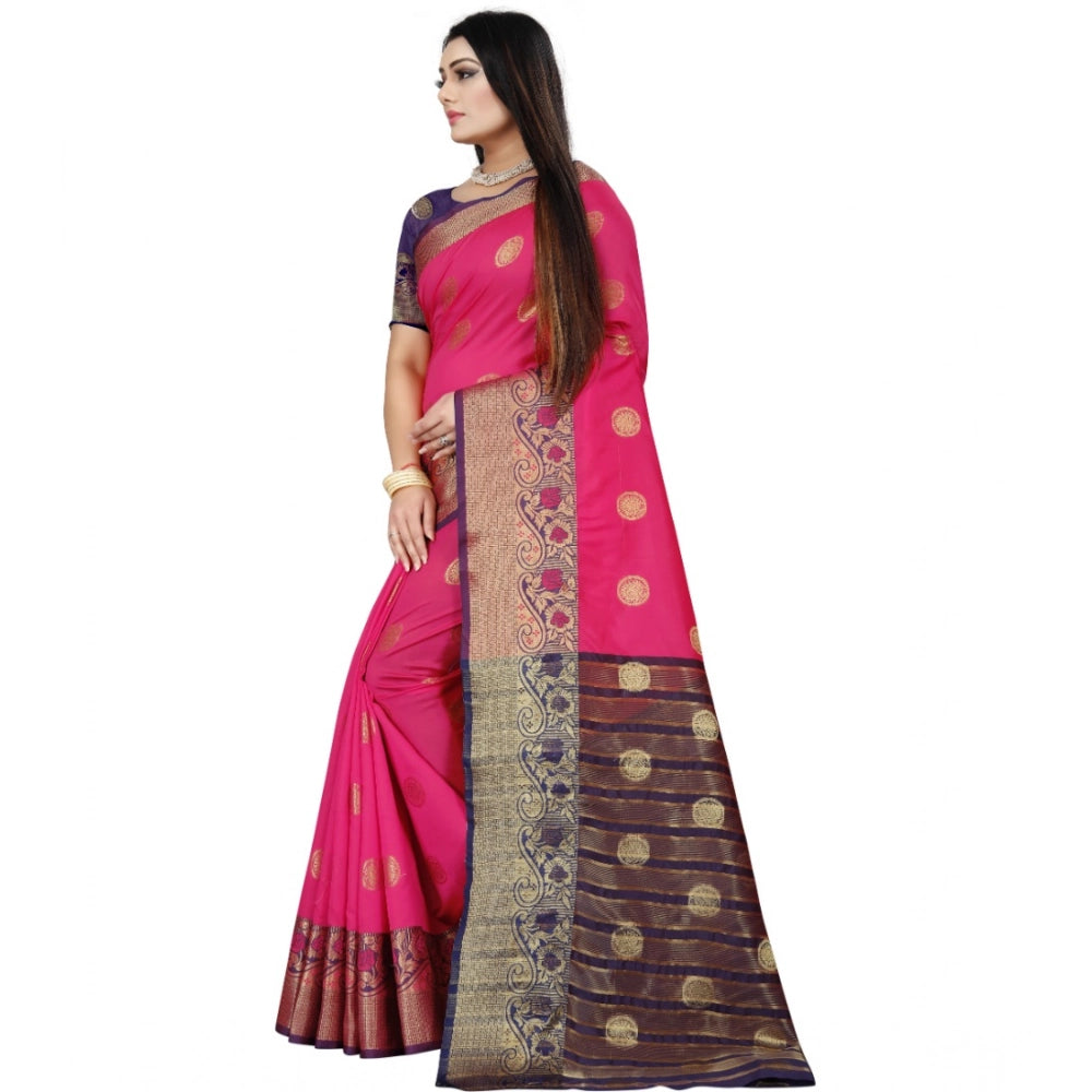 Women's Silk Blend Woven Saree With Unstitched Blouse 5.5Mtr (Blue-Pink)