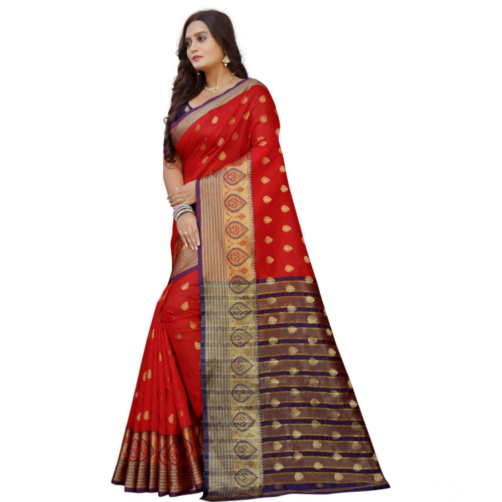 Women's Silk Blend Woven Saree With Unstitched Blouse 5.5Mtr (Purple-Red)