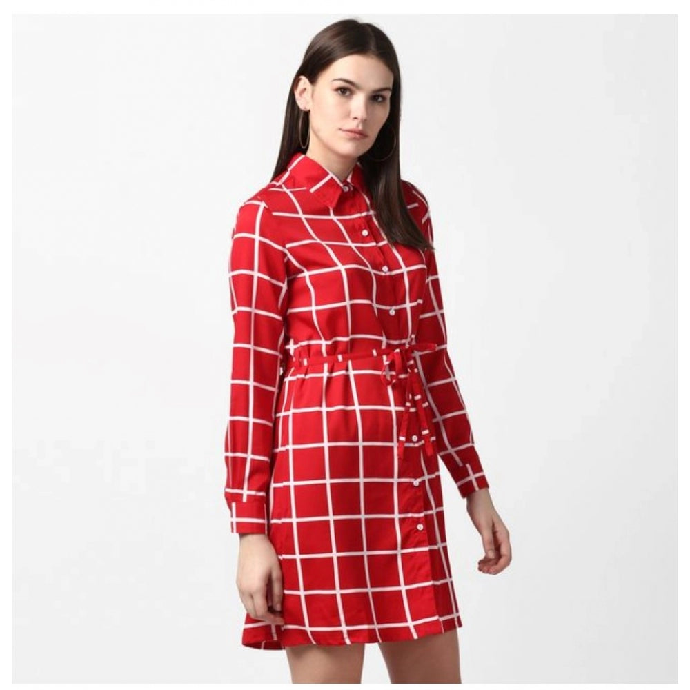 Women's Polyester Checkered Long Sleeves Above Knee Dress (Red)