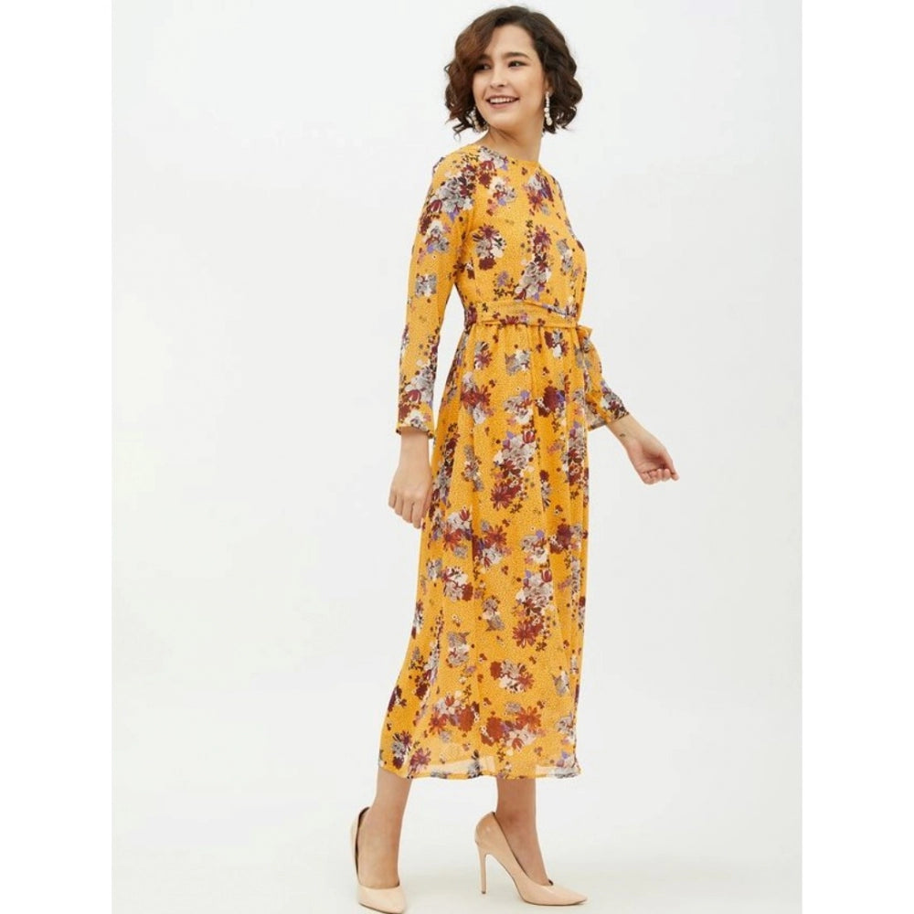 Women's Polyester Floral Long Sleeves Calf-length Dress (Multicolor)