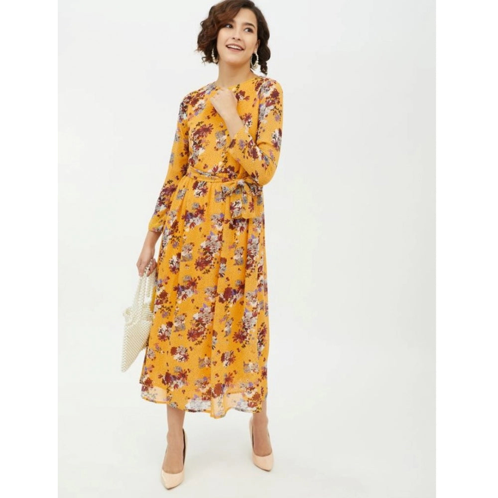 Women's Polyester Floral Long Sleeves Calf-length Dress (Multicolor)
