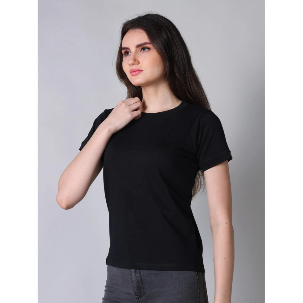 Women's Cotton Blended Solid Round Neck Half Sleeve T-Shirt (Black)