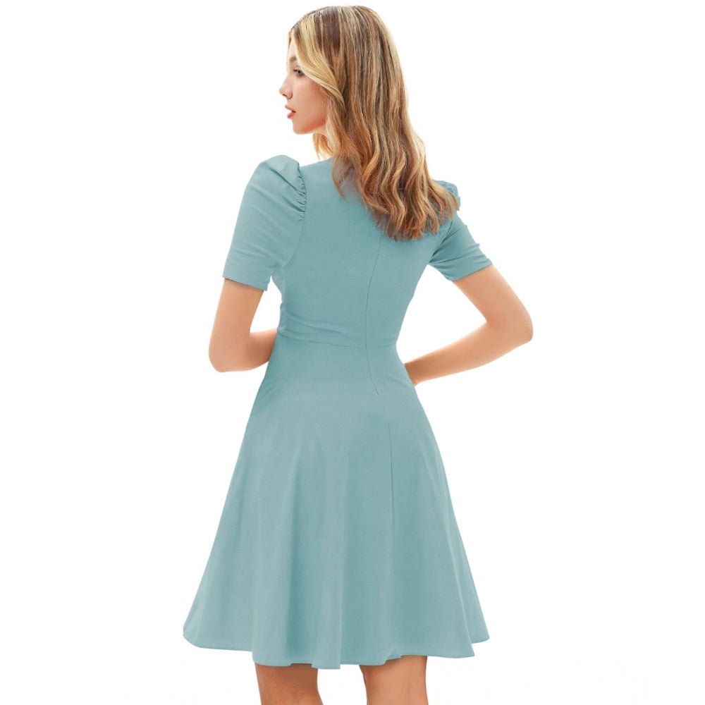 Women's Knitting stretchable Solid V Neck Cap Sleeve Dress (Pista)