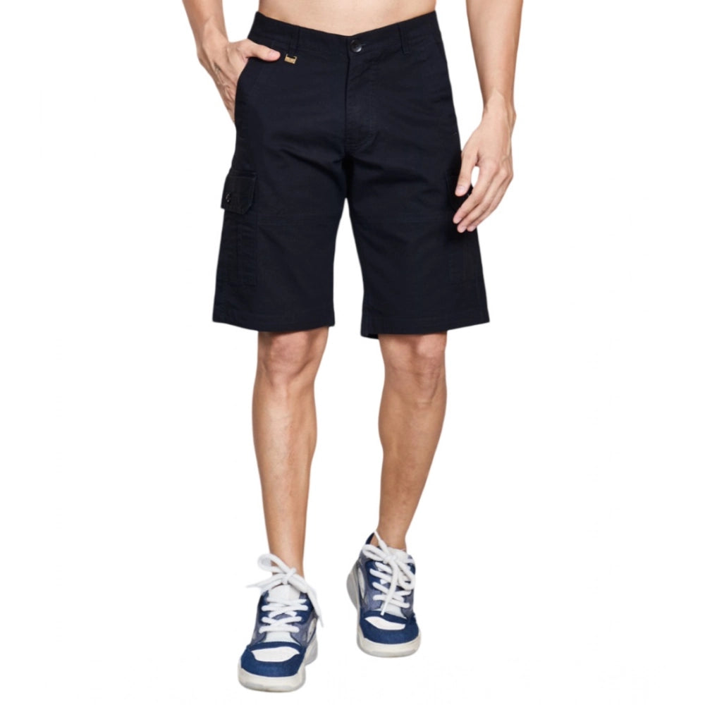 Men's Casual Cotton Solid Knee Length Cargo Shorts (Black)