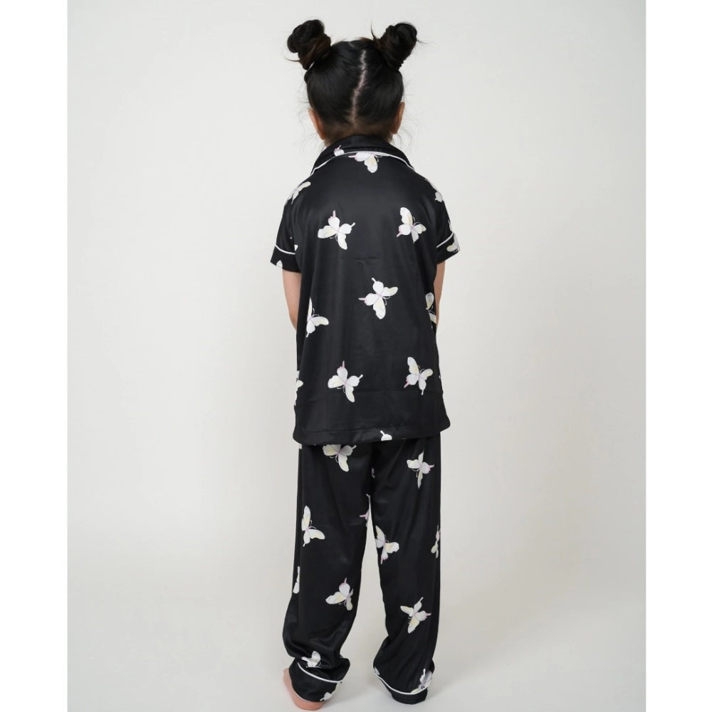 Girl's Silk Bleand Printed Short Sleeve Night Suit Set (Black)