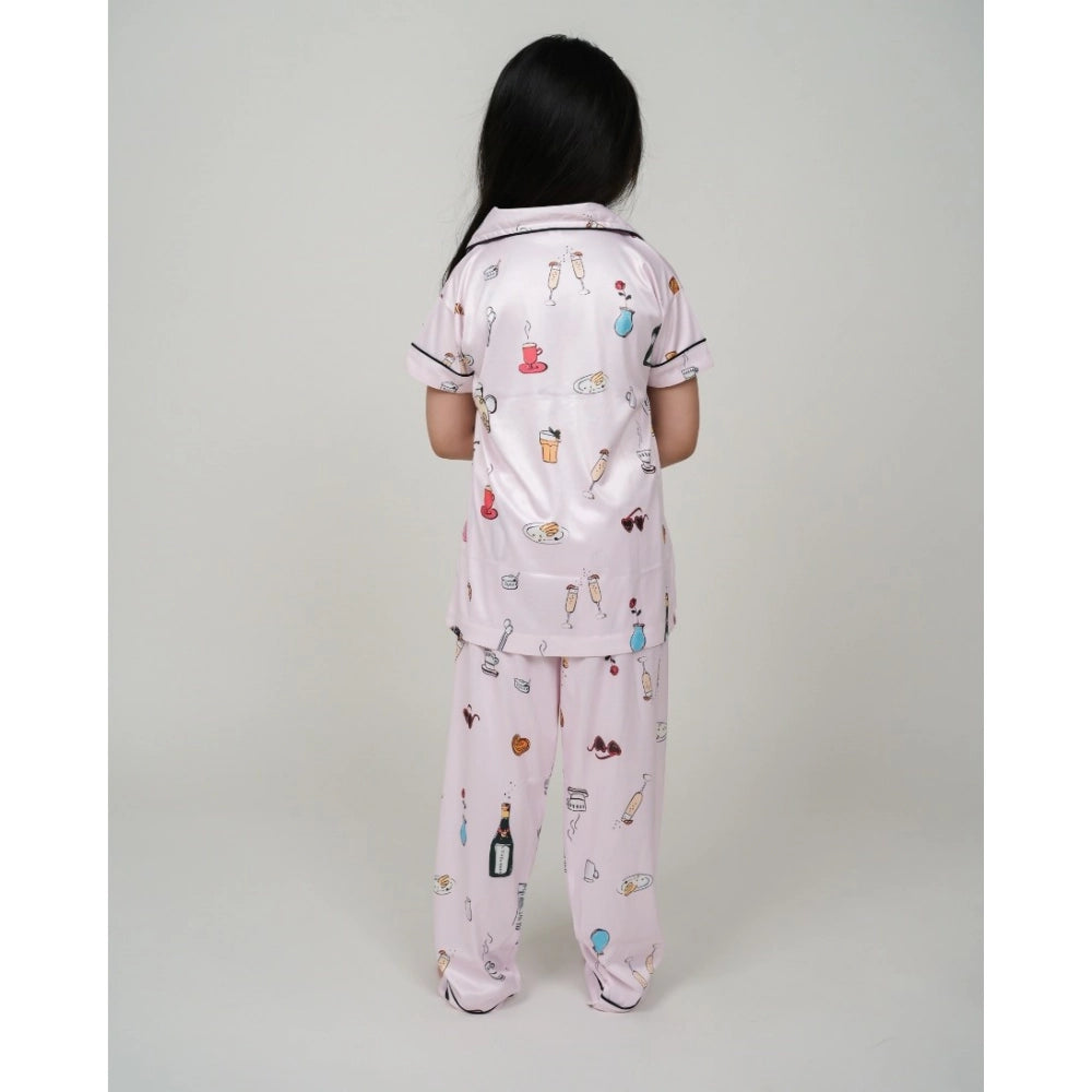 Girl's Silk Bleand Printed Short Sleeve Night Suit Set (Creem)