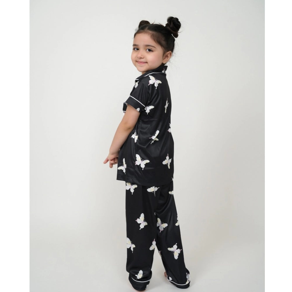 Girl's Silk Bleand Printed Short Sleeve Night Suit Set (Black)