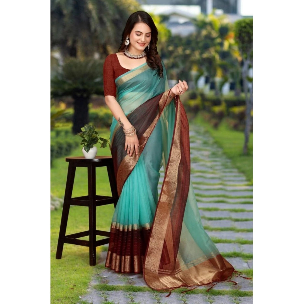 Women's Khadi Cotton Solid Saree With Unstitched Blouse 5.5Mtr (Sky Blue)