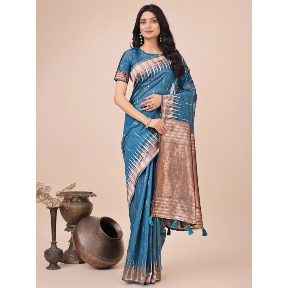Women's Linen Cotton Printed Saree With Unstitched Blouse 5.5Mtr (Blue)
