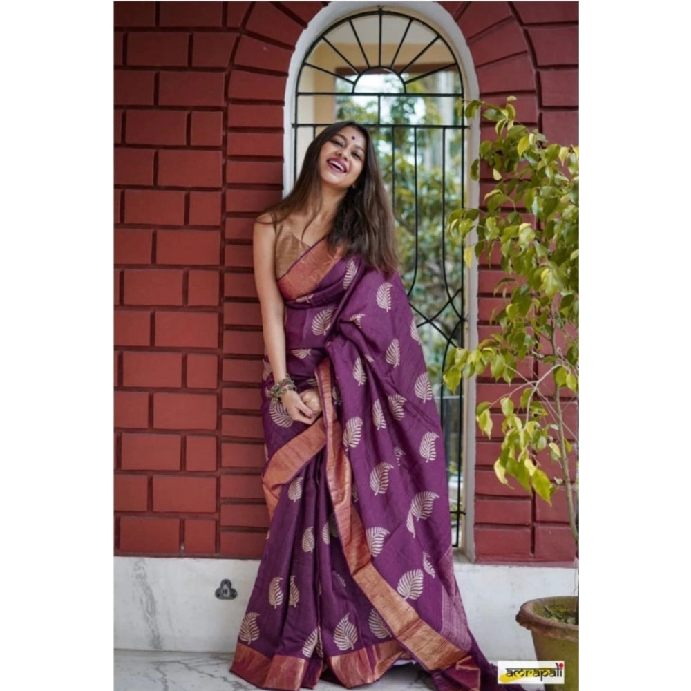 Women's Silk Printed Saree With Unstitched Blouse 5.5Mtr (Purple)