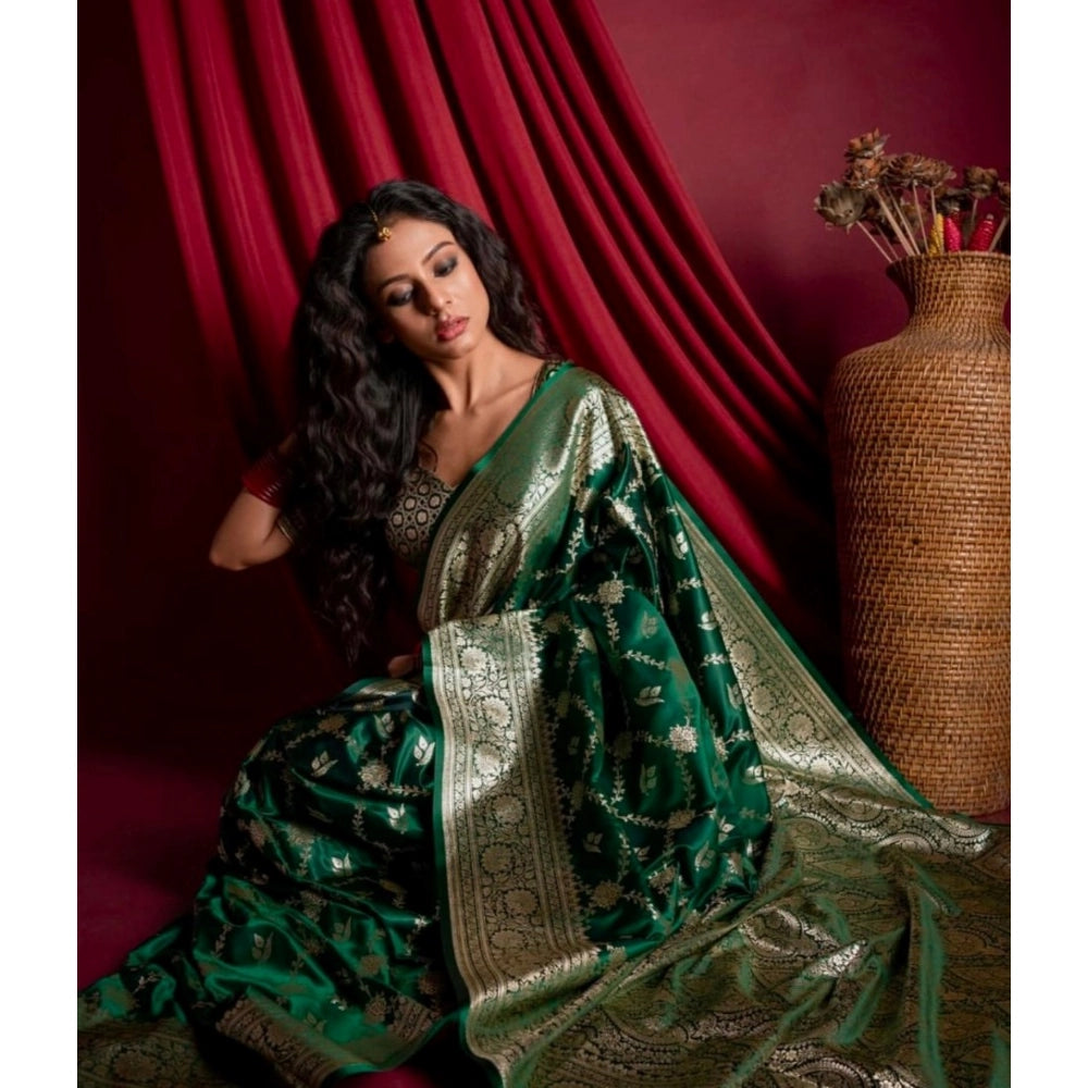Women's Silk Printed Saree With Unstitched Blouse 5.5Mtr (Dark Green)