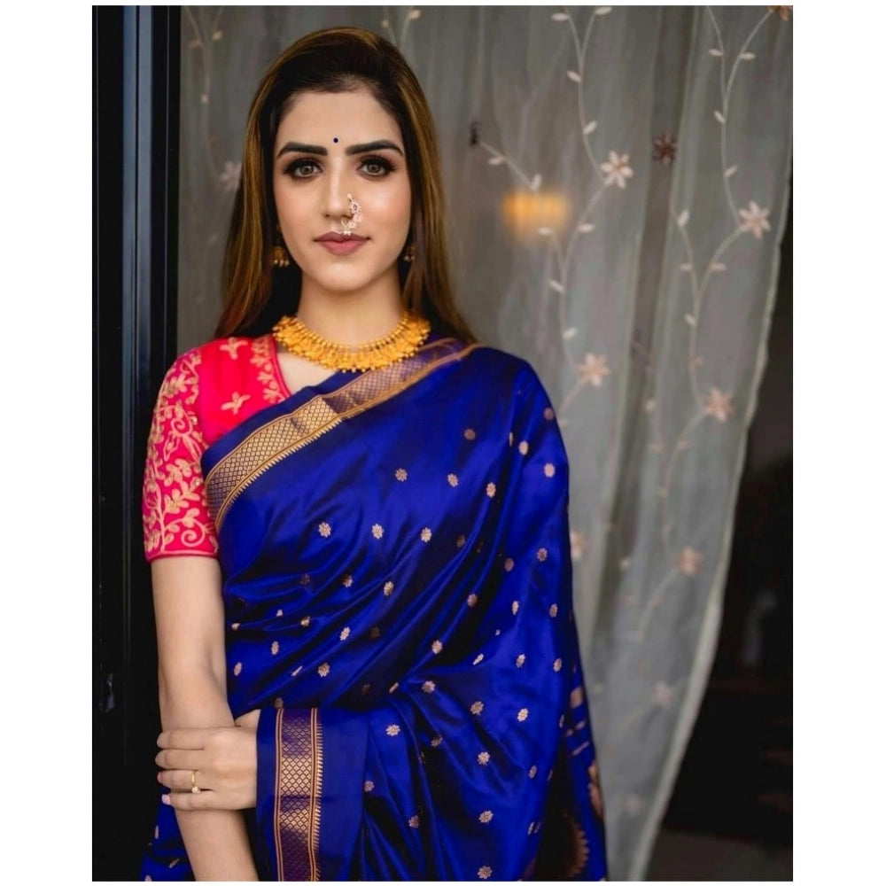 Women's Silk Printed Saree With Unstitched Blouse 5.5Mtr (Blue)