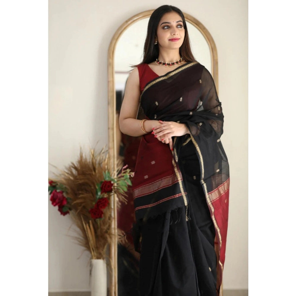 Women's Cotton Printed Saree With Unstitched Blouse 5.5Mtr (Black)