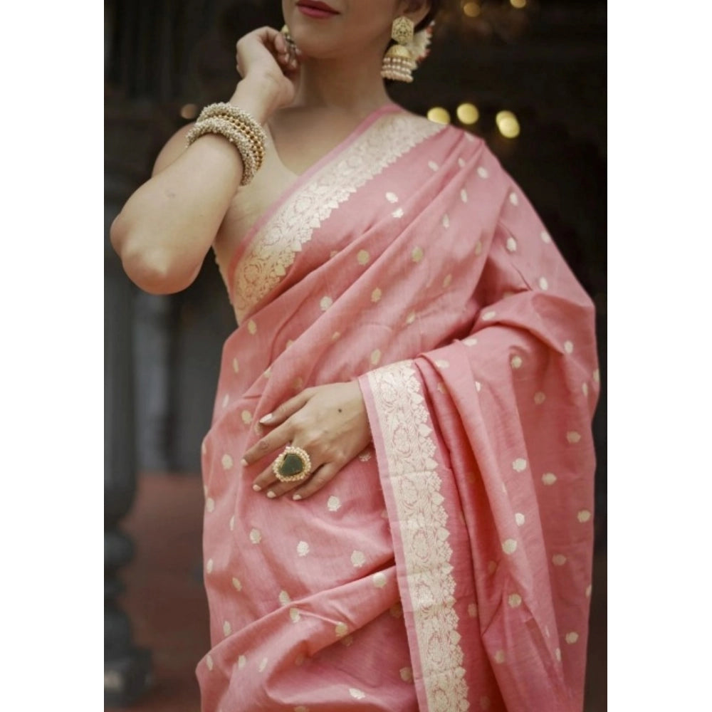 Women's Cotton Printed Saree With Unstitched Blouse 5.5Mtr (Peach)