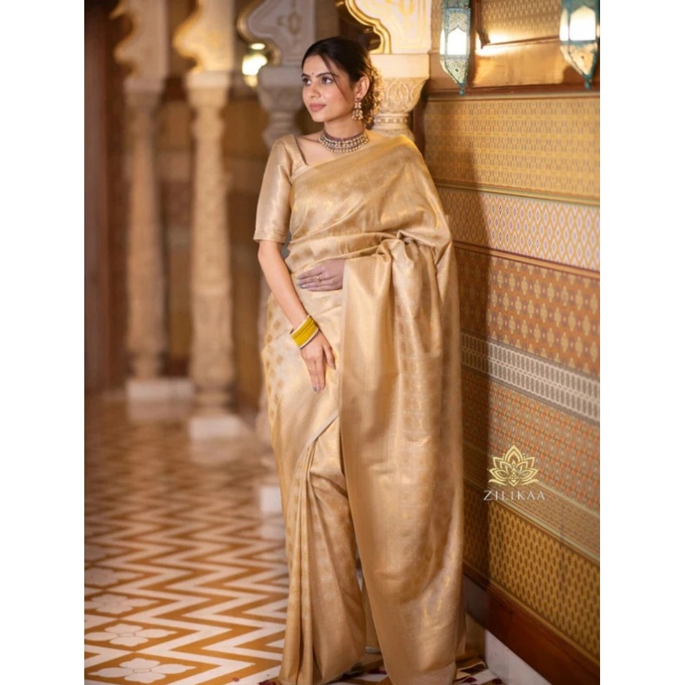 Women's Silk Printed Saree With Unstitched Blouse 5.5Mtr (Cream)