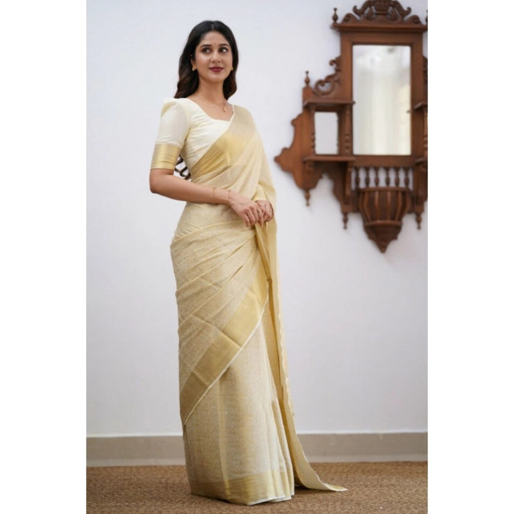 Women's Silk Printed Saree With Unstitched Blouse 5.5Mtr (Cream)