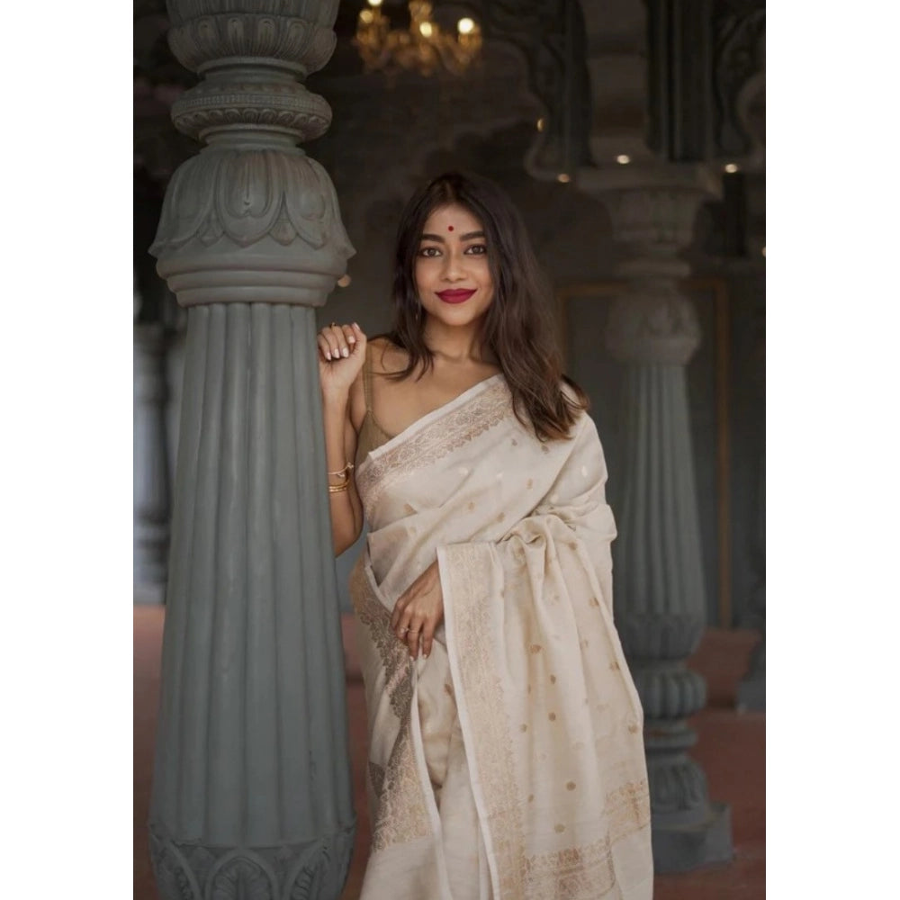 Generic Women's Cotton Printed Saree With Unstitched Blouse 5.5Mtr (Cream)