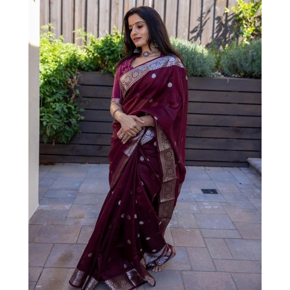 Women's Cotton Printed Saree With Unstitched Blouse 5.5Mtr (Maroon)
