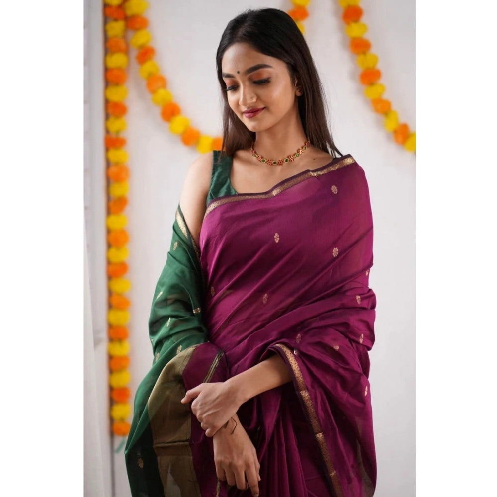 Women's Cotton Printed Saree With Unstitched Blouse 5.5Mtr (Wine)