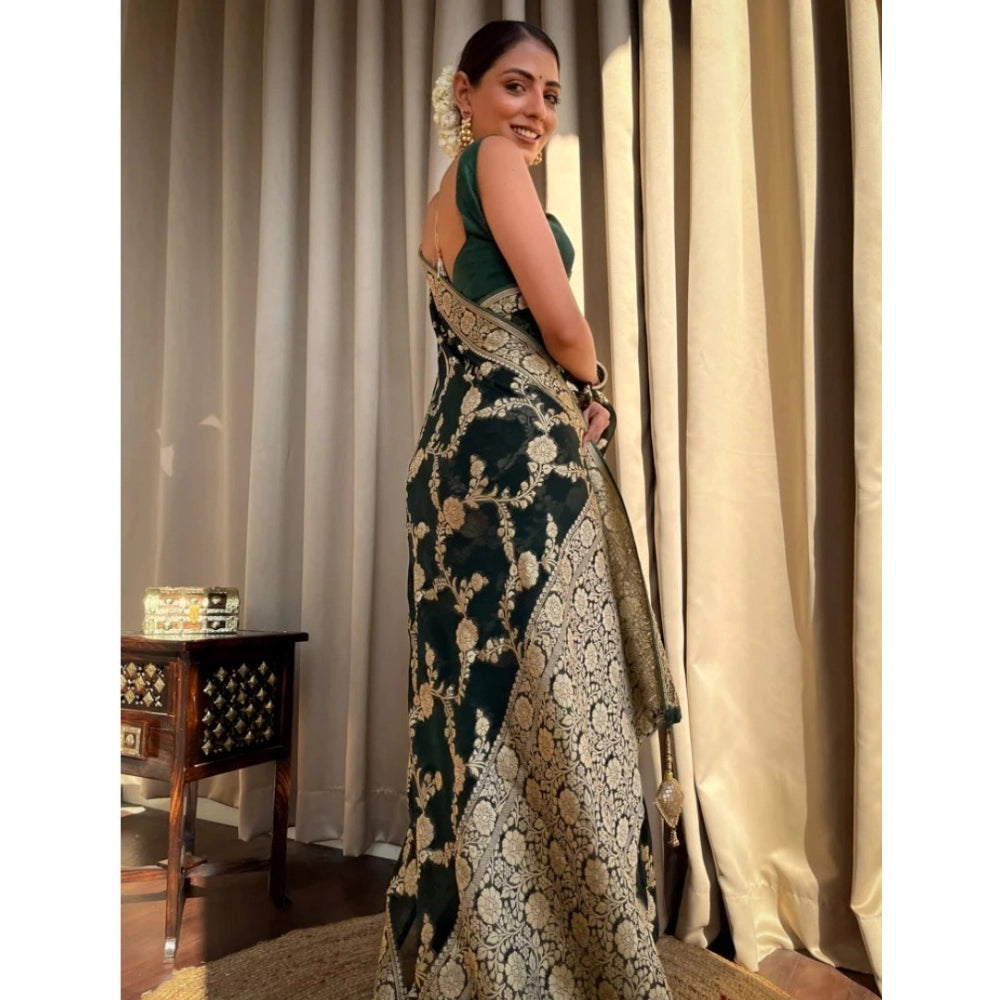 Women's Silk Printed Saree With Unstitched Blouse 5.5Mtr (Dark Green)