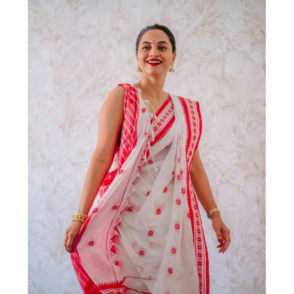 Women's Cotton Printed Saree With Unstitched Blouse 5.5Mtr (White-Pink)