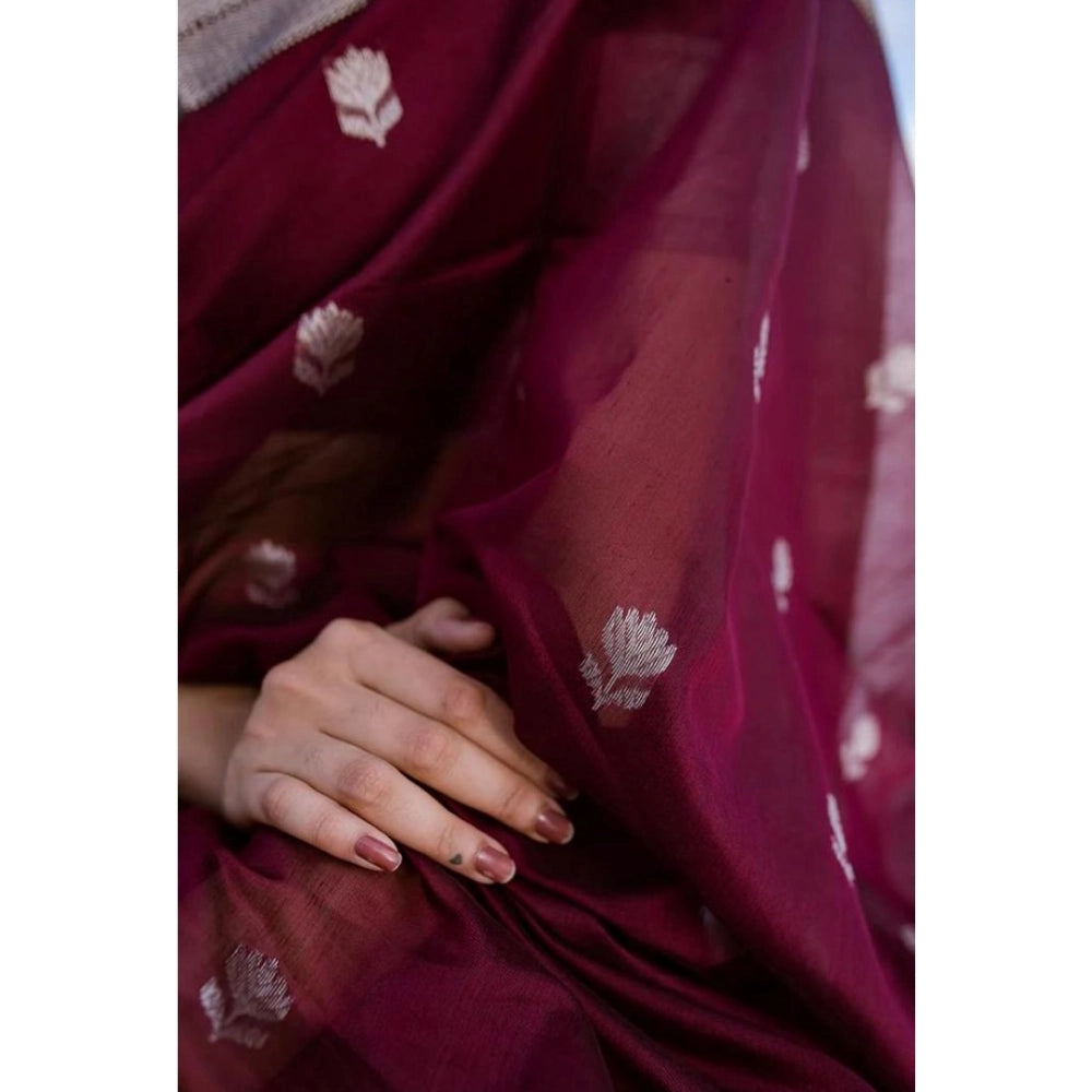 Women's Cotton Printed Saree With Unstitched Blouse 5.5Mtr (Maroon)