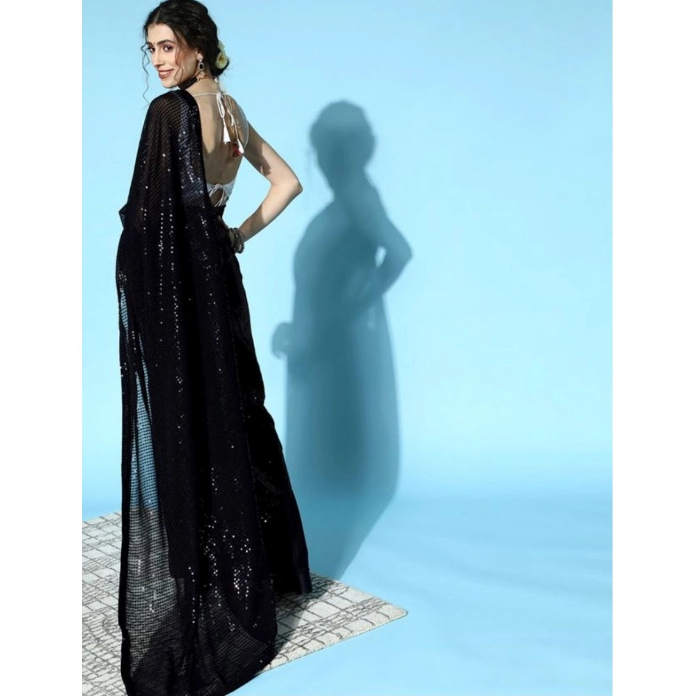 Women's Georgette Embellished Sequnece Bollywood Saree With Unstitched Blouse 5.5Mtr (Black)
