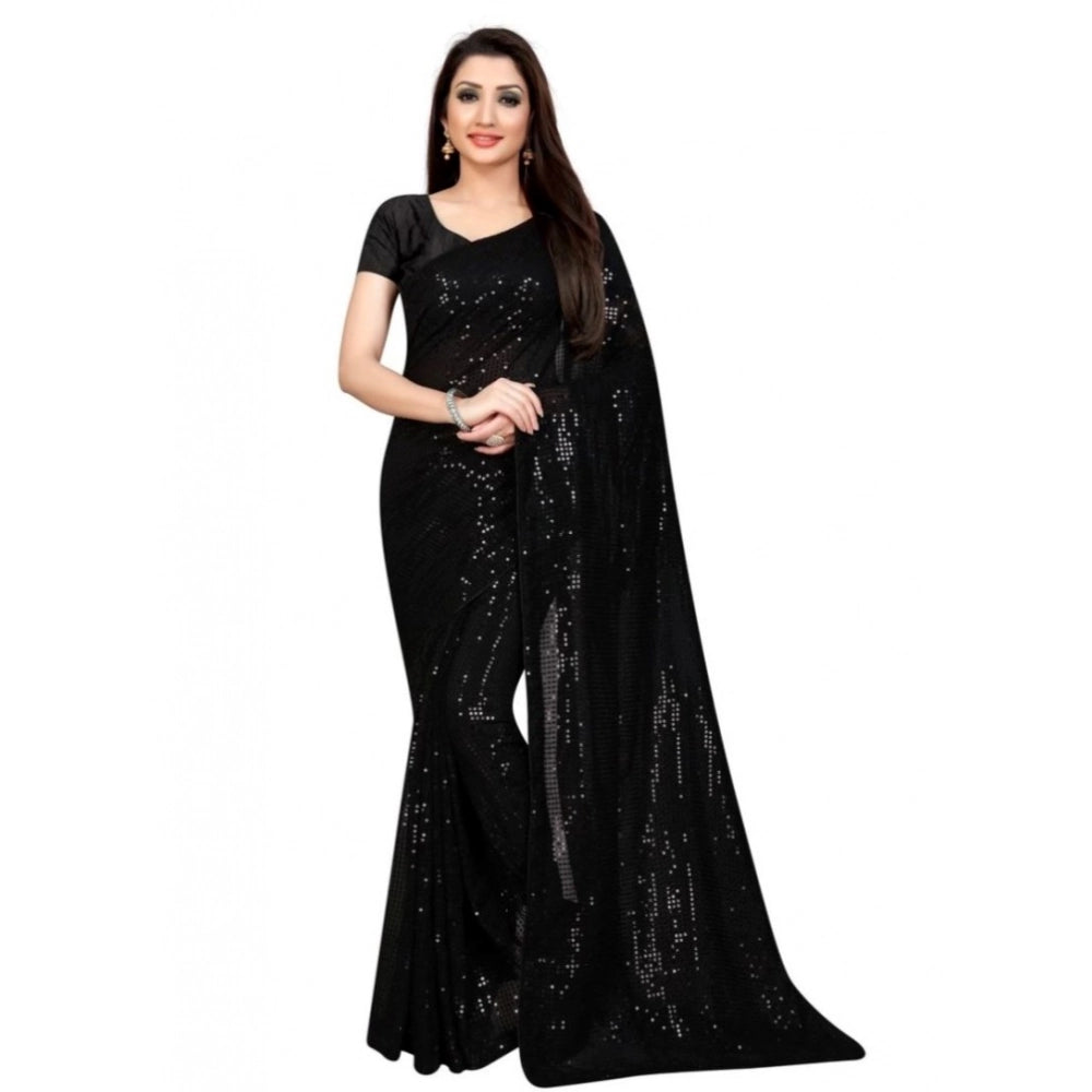Women's Georgette Embellished Sequnece Bollywood Saree With Unstitched Blouse 5.5Mtr (Black)