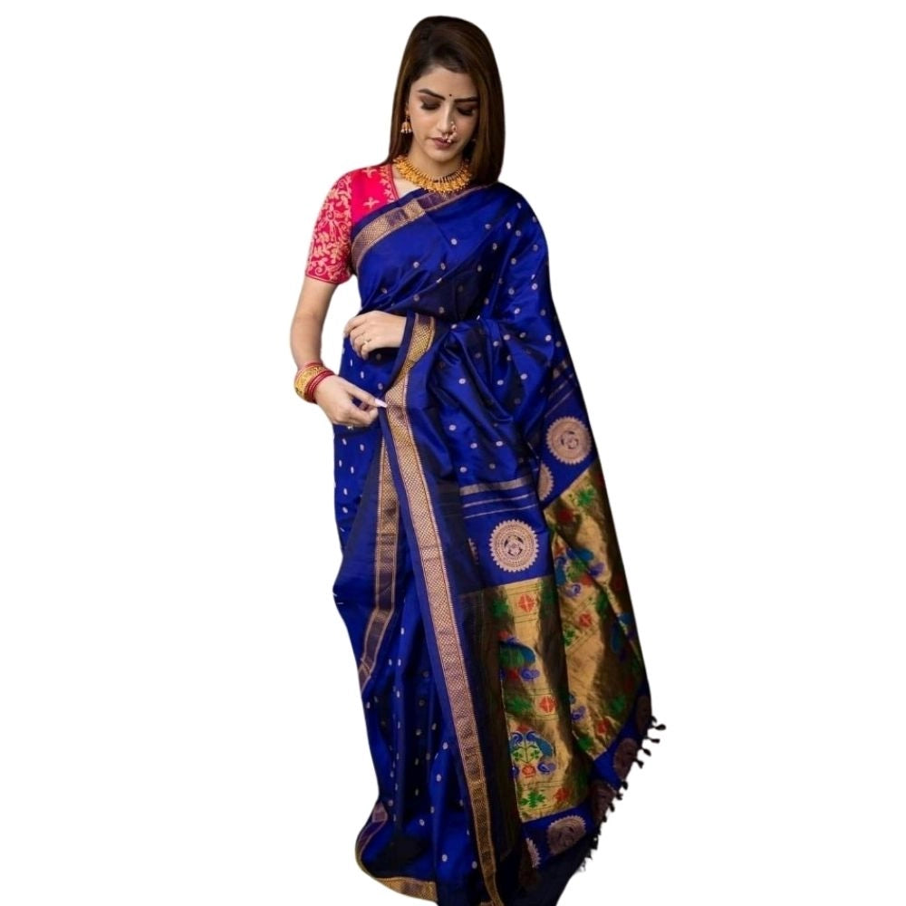 Women's Silk Printed Saree With Unstitched Blouse 5.5Mtr (Blue)