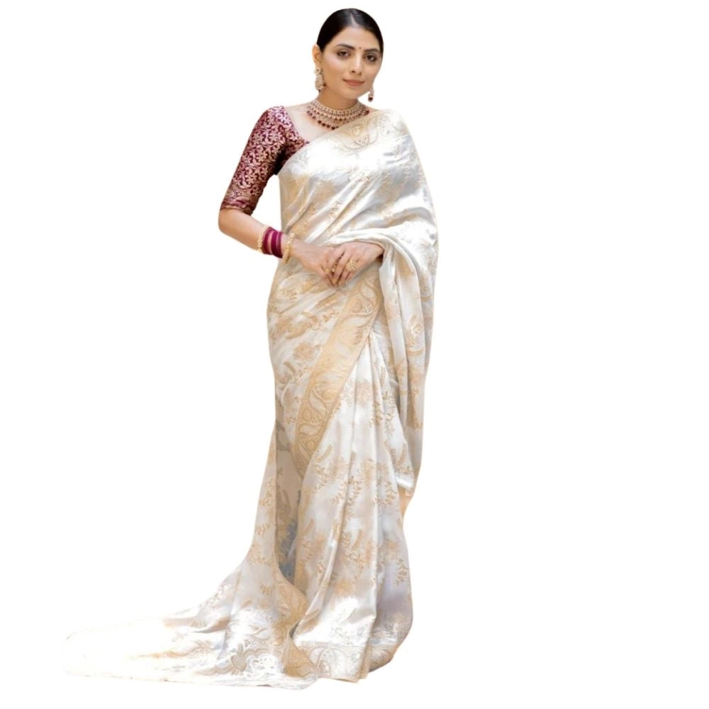 Women's Silk Printed Saree With Unstitched Blouse 5.5Mtr (White)