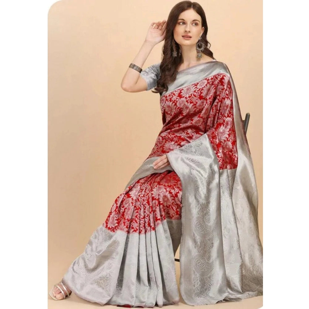 Women's Soft Lichi Silk Printed Saree With Unstitched Blouse 5.5Mtr (Red)