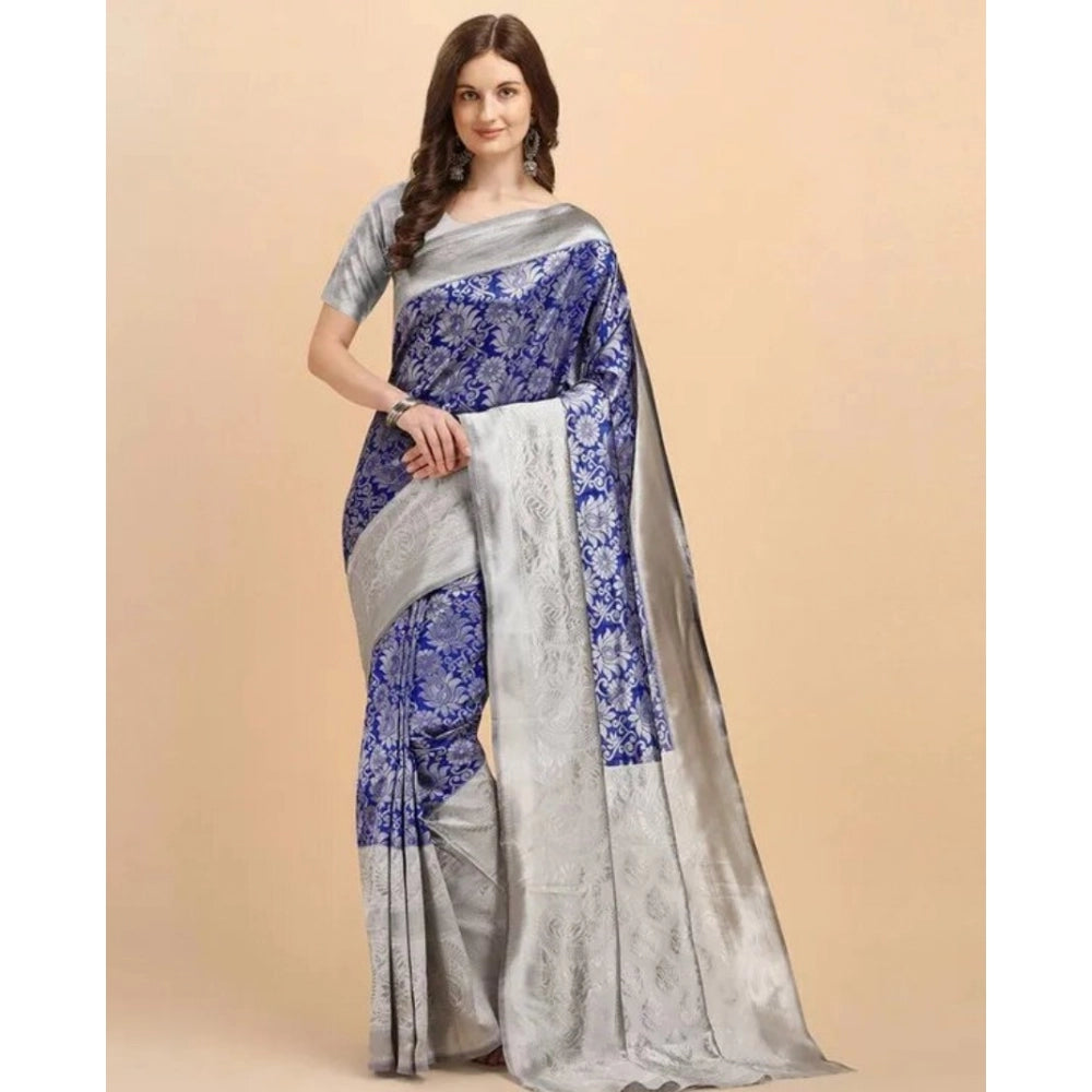 Women's Soft Lichi Silk Printed Saree With Unstitched Blouse 5.5Mtr (Blue)