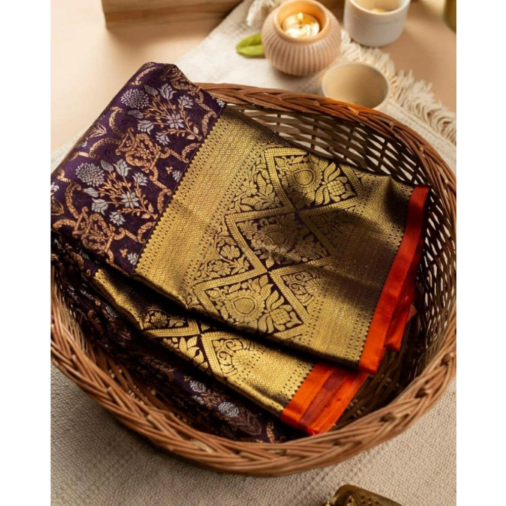 Women's Soft Lichi Silk Printed Saree With Unstitched Blouse 5.5Mtr (Purple)