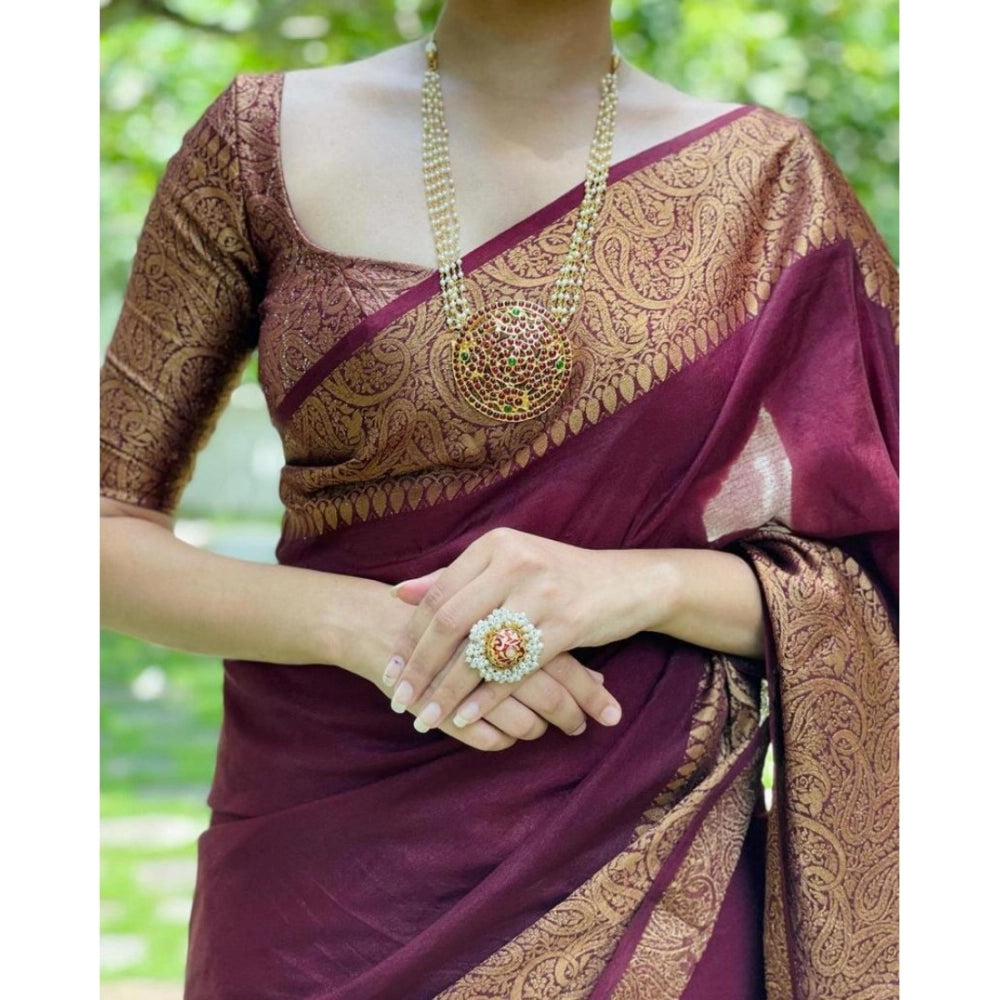 Women's Soft Lichi Silk Solid Saree With Unstitched Blouse 5.5Mtr (Maroon)