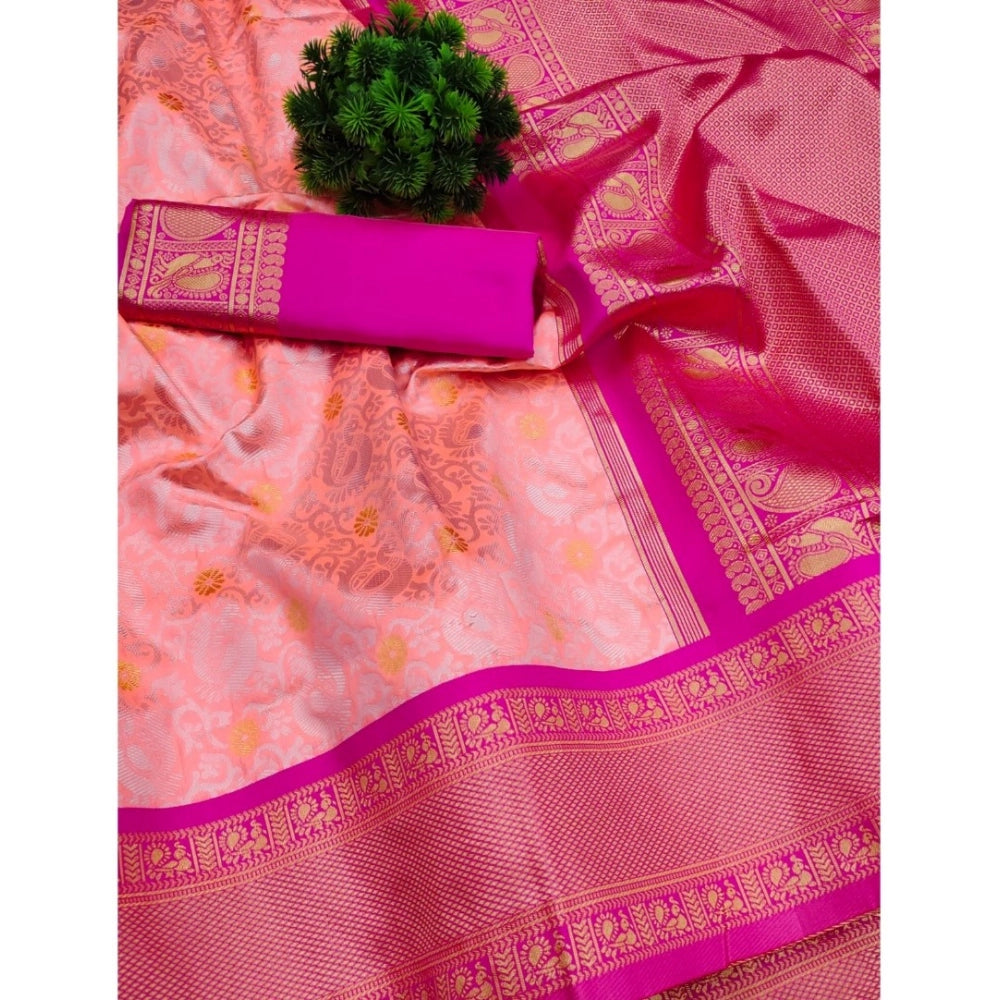 Women's Soft Lichi Silk Printed Saree With Unstitched Blouse 5.5Mtr (Pink)