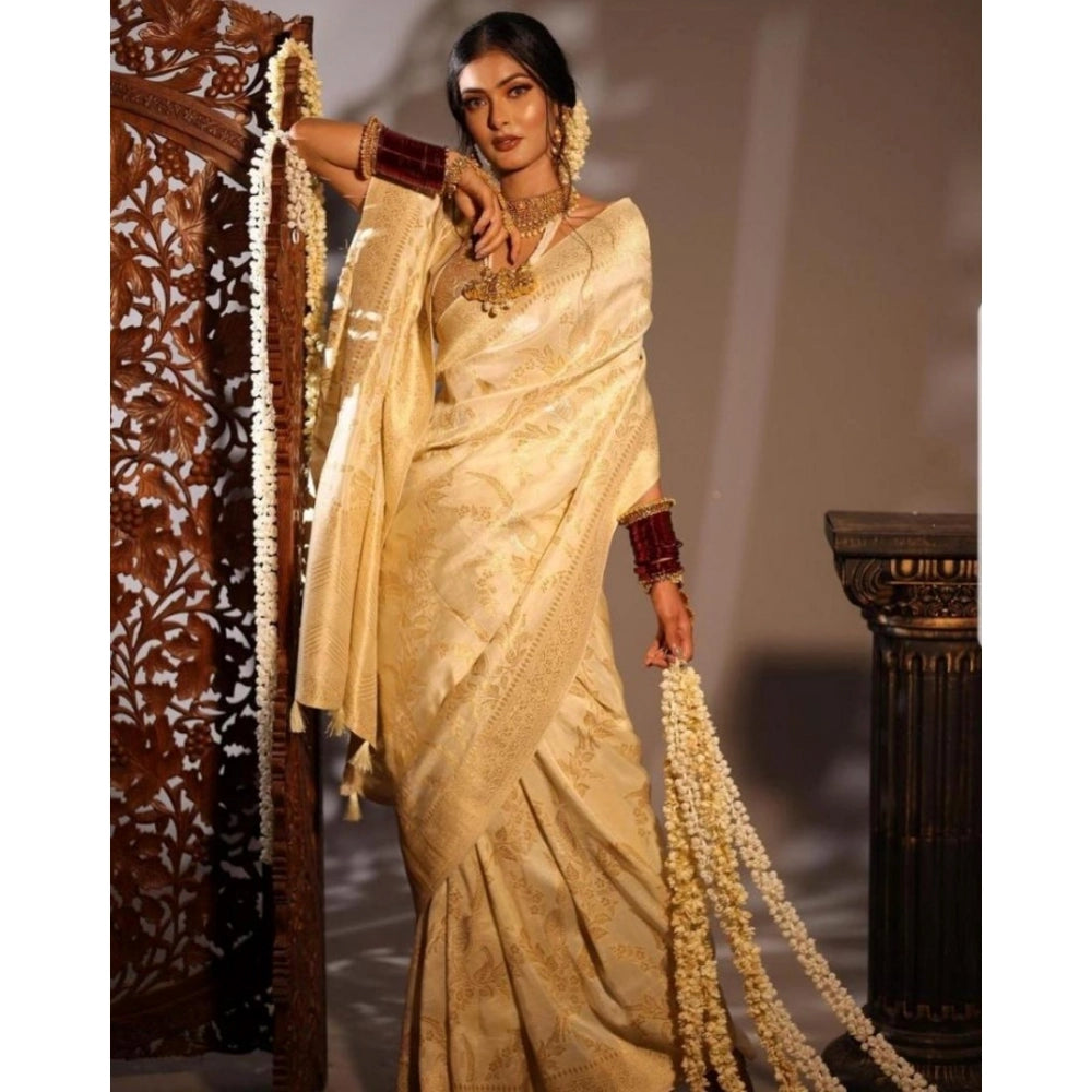 Women's Soft Lichi Silk Printed Saree With Unstitched Blouse 5.5Mtr (Golden)