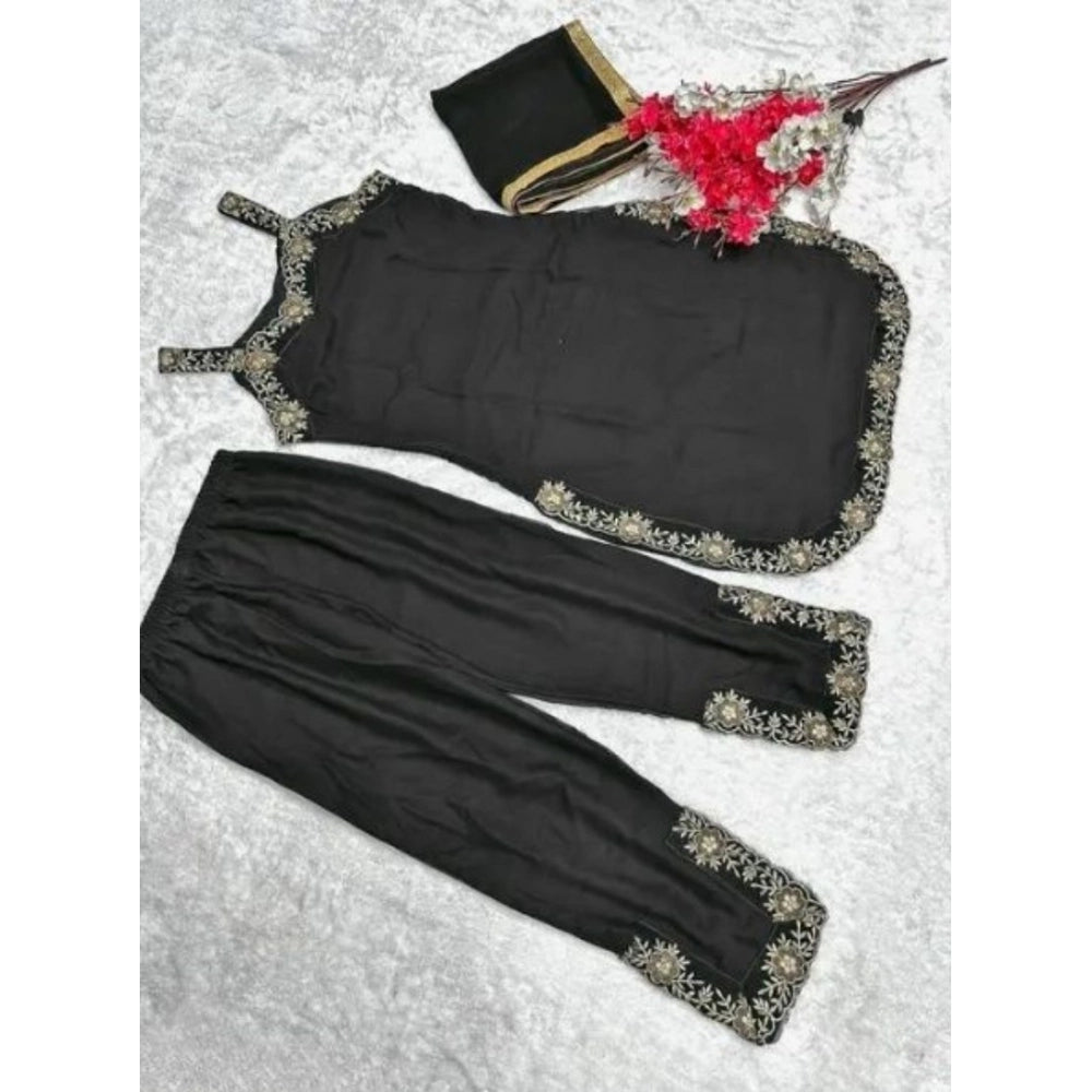 Women's Georgette Embroidery Sleeveless Round Neck Kurti, Palazzo And Dupatta Set (Black)