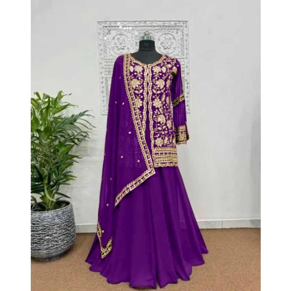Women's Georgette Embroidery 3-4th Sleeve V-Neck Kurti, Palazzo And Dupatta Set (Purple)