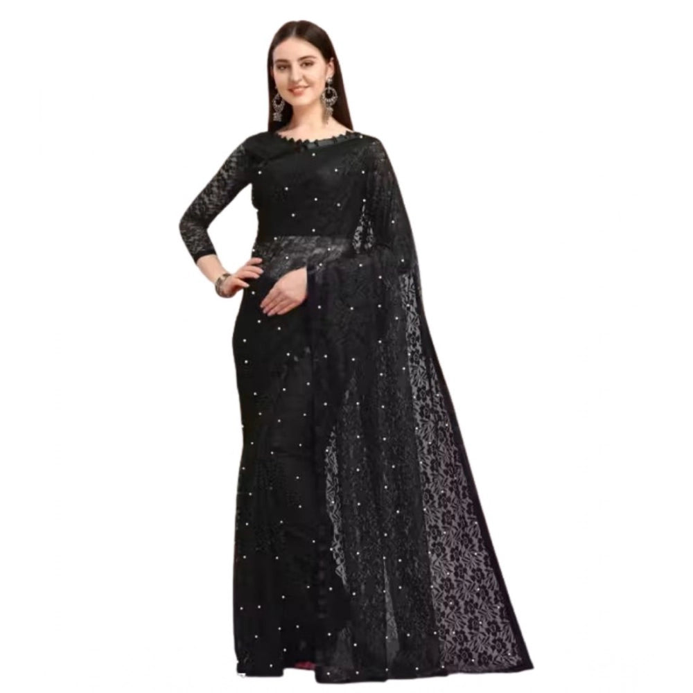 Women's Net Self Design Saree With Unstitched Blouse 5.5Mtr (Black)