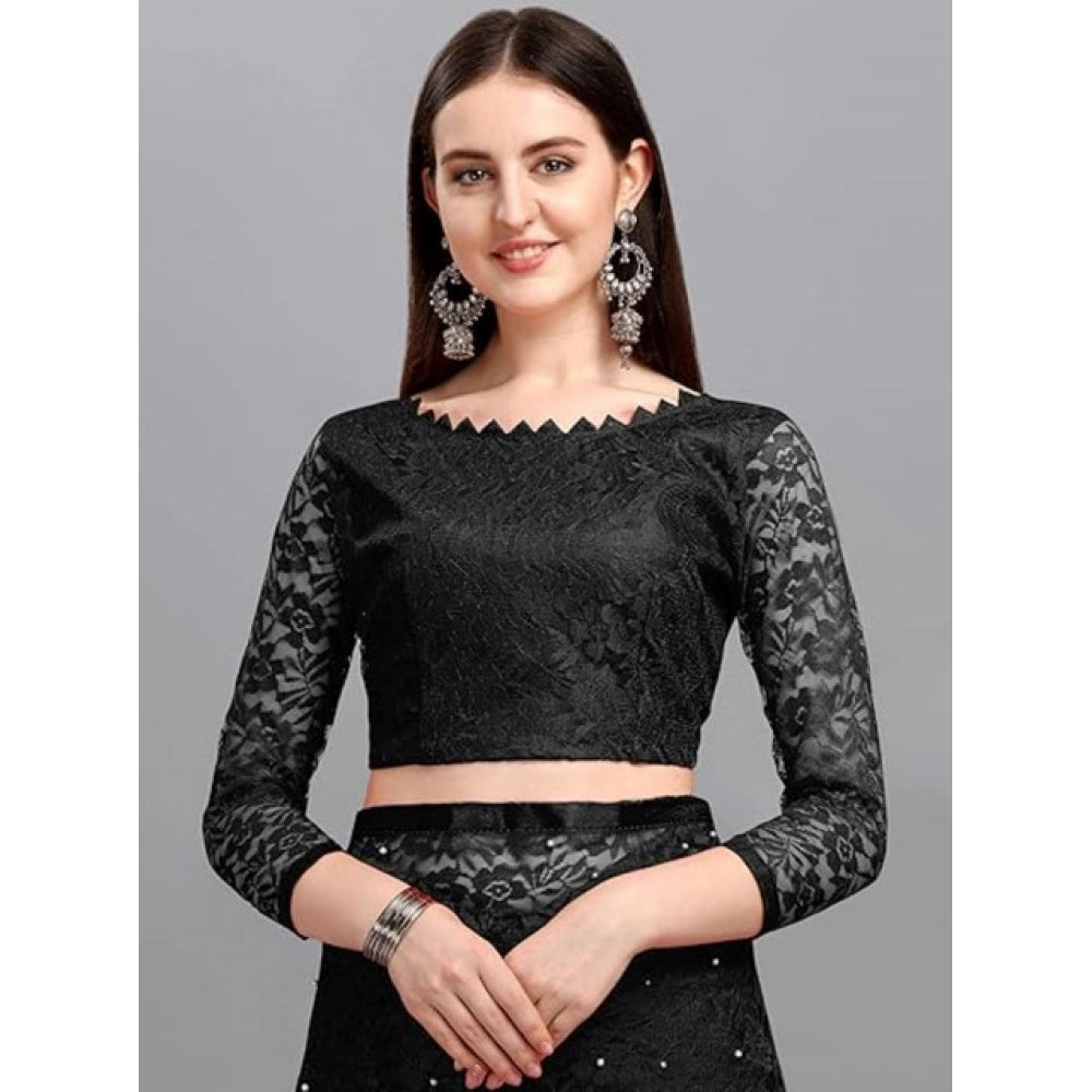 Women's Net Self Design Saree With Unstitched Blouse 5.5Mtr (Black)