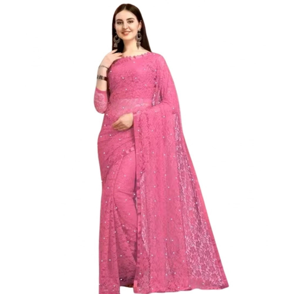 Women's Net Self Design Saree With Unstitched Blouse 5.5Mtr (Dark Pink)