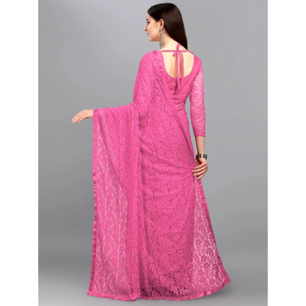 Generic Women's Net Self Design Saree With Unstitched Blouse 5.5Mtr (Dark Pink)